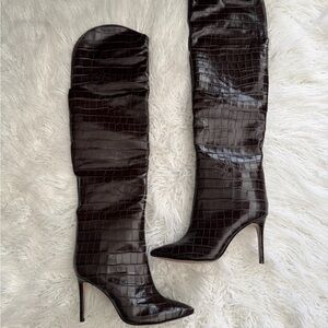 SCHUTZ Dark Brown Croc-Embossed Over-the-Knee Stiletto Boots